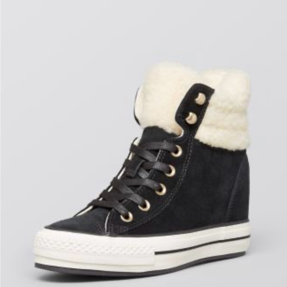 Converse Sz 9 Black Suede White Faux Trim High-Top Hidden wedge heel sneakers